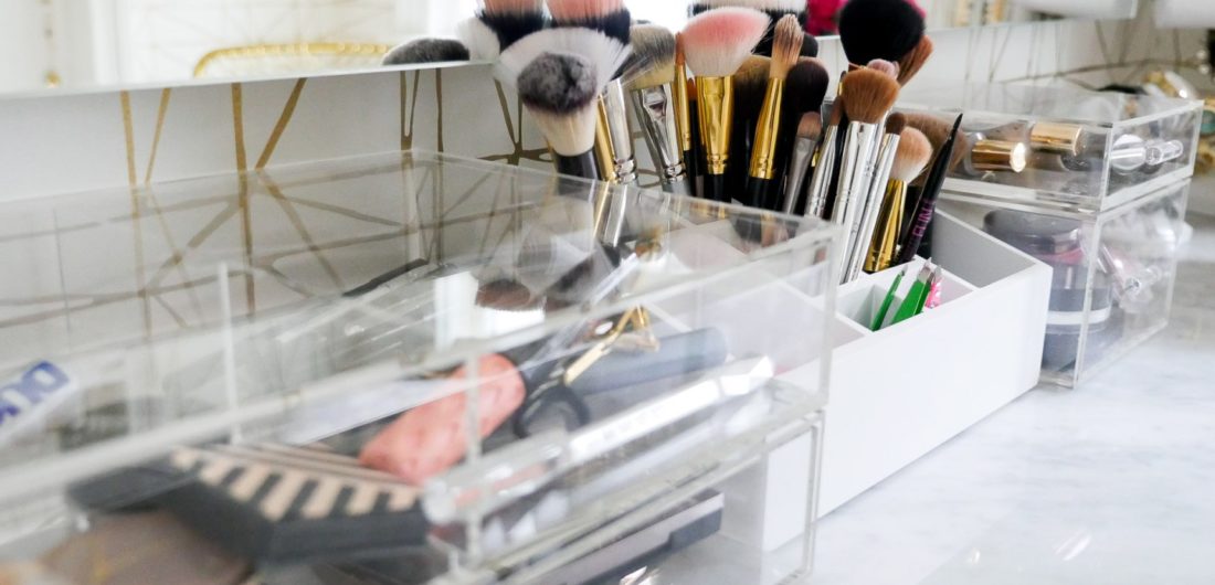 An array of acrylic stackable storage drawers to house makeup in the glam room of Eva Amurri Martino's Connecticut home