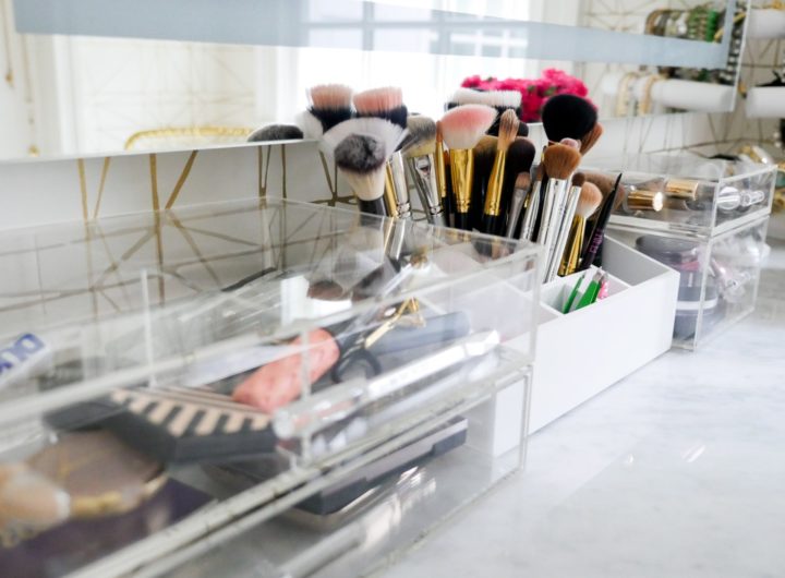 An array of acrylic stackable storage drawers to house makeup in the glam room of Eva Amurri Martino's Connecticut home