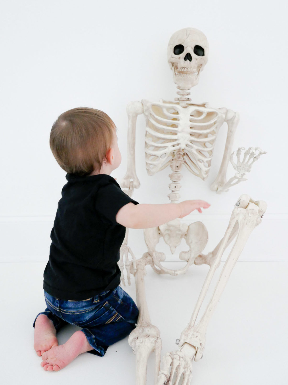 Major Martino wears a custom Halloween themed tee shirt and crawls towards a skeleton decoration