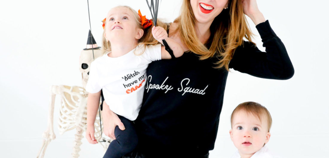 Eva Amurri Martino and children Marlowe and Major wears Halloween themed shirts from The Happily App to prepare for Halloween