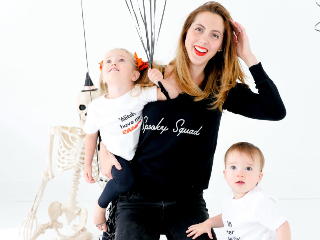 Eva Amurri Martino and children Marlowe and Major wears Halloween themed shirts from The Happily App to prepare for Halloween