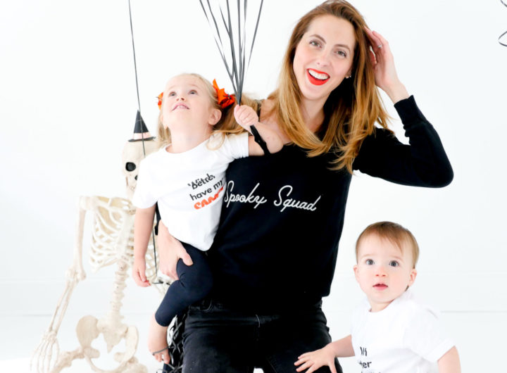 Eva Amurri Martino and children Marlowe and Major wears Halloween themed shirts from The Happily App to prepare for Halloween