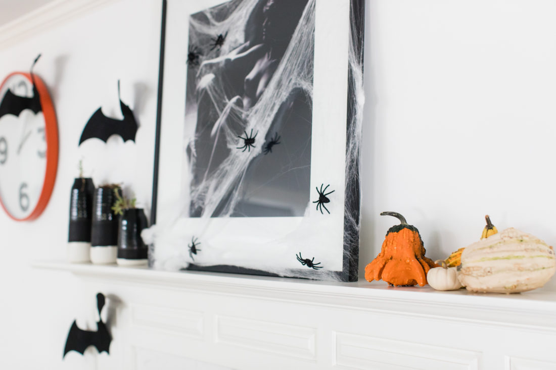 The kitchen area is decorated in a spooky bat theme for Halloween in Eva Amurri Martino's Connecticut home