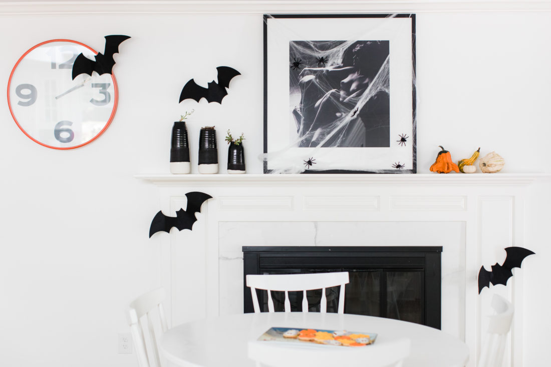 The kitchen area is decorated in a spooky bat theme for Halloween in Eva Amurri Martino's Connecticut home