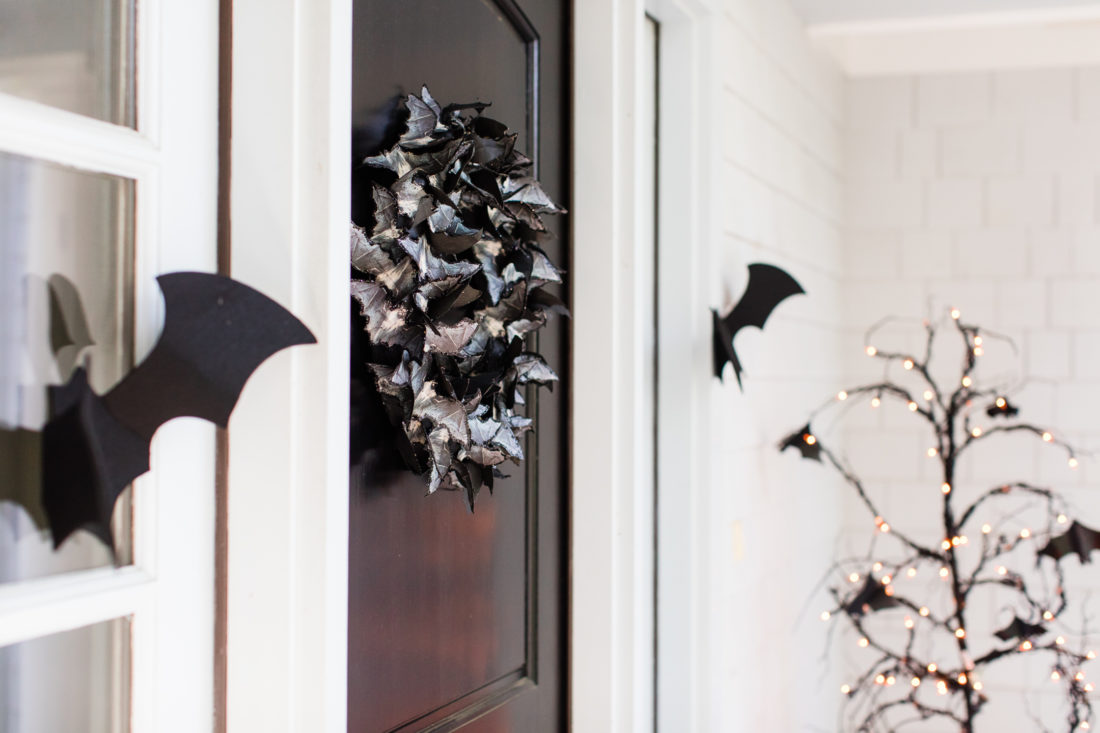 A glittery bat wreath on the black door of Eva Amurri Martino's Connecticut home