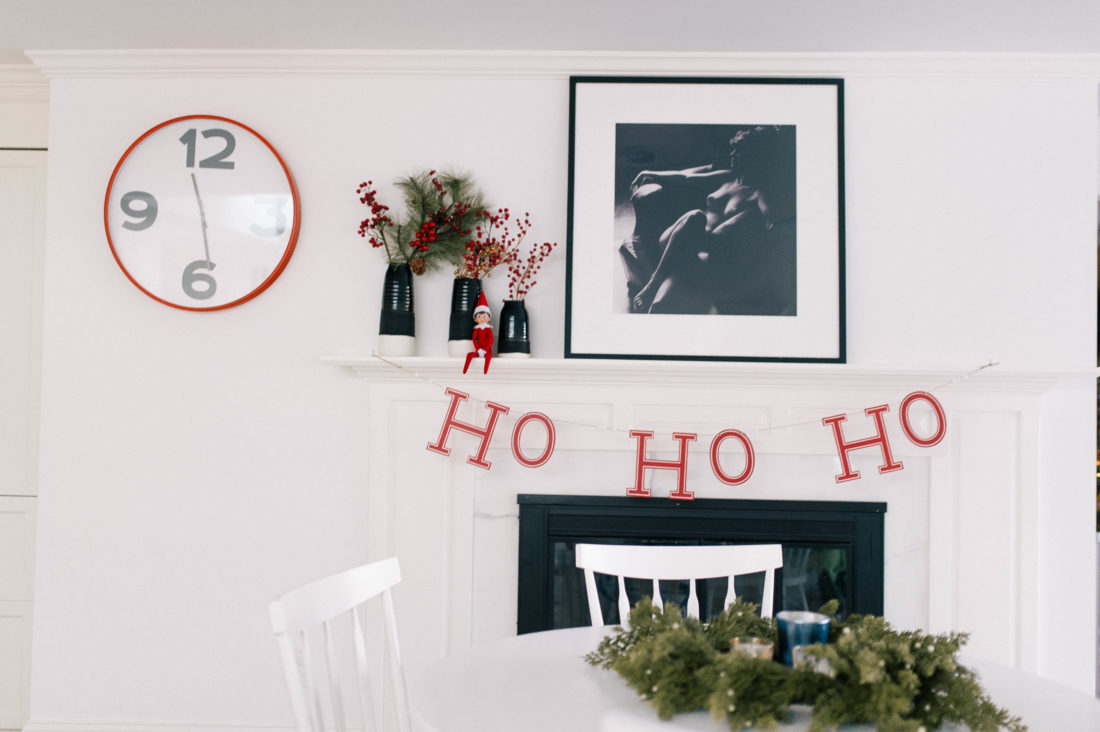 The kitchen table in Eva Amurri Martino's Connecticut home is decorated for the holidays and features an elf on the shelf