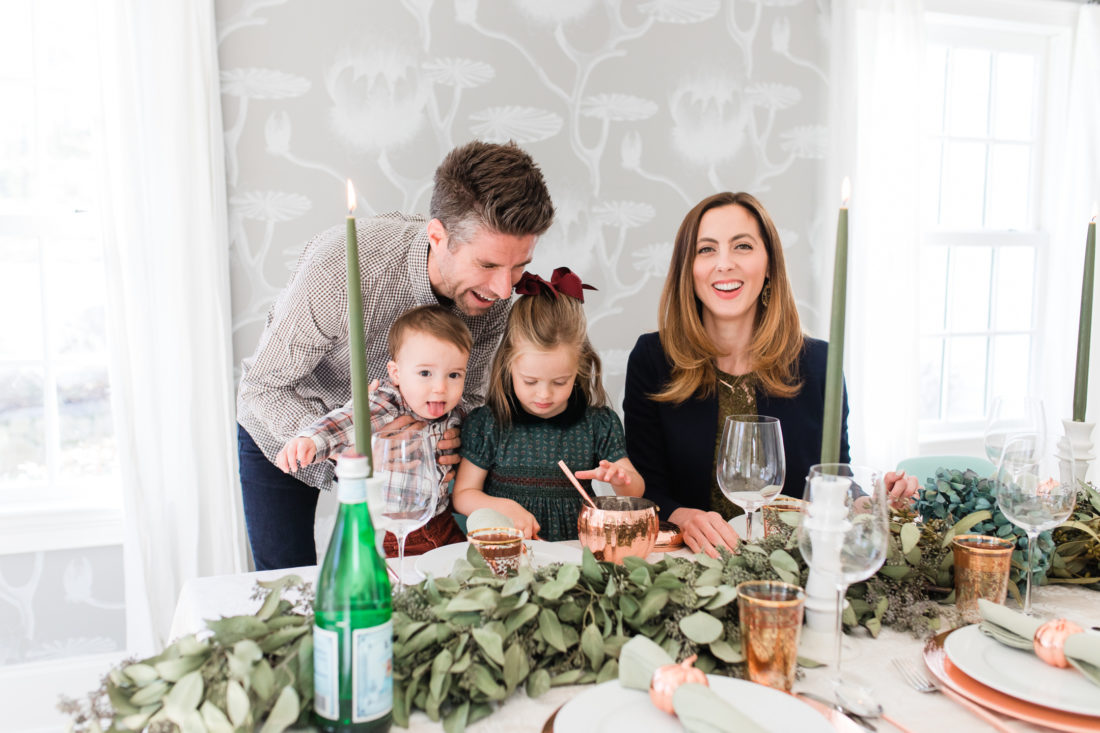 Eva Amurri Martino sits at her Thanksgiving table with husband Kyle Martino and children marlowe and major martino