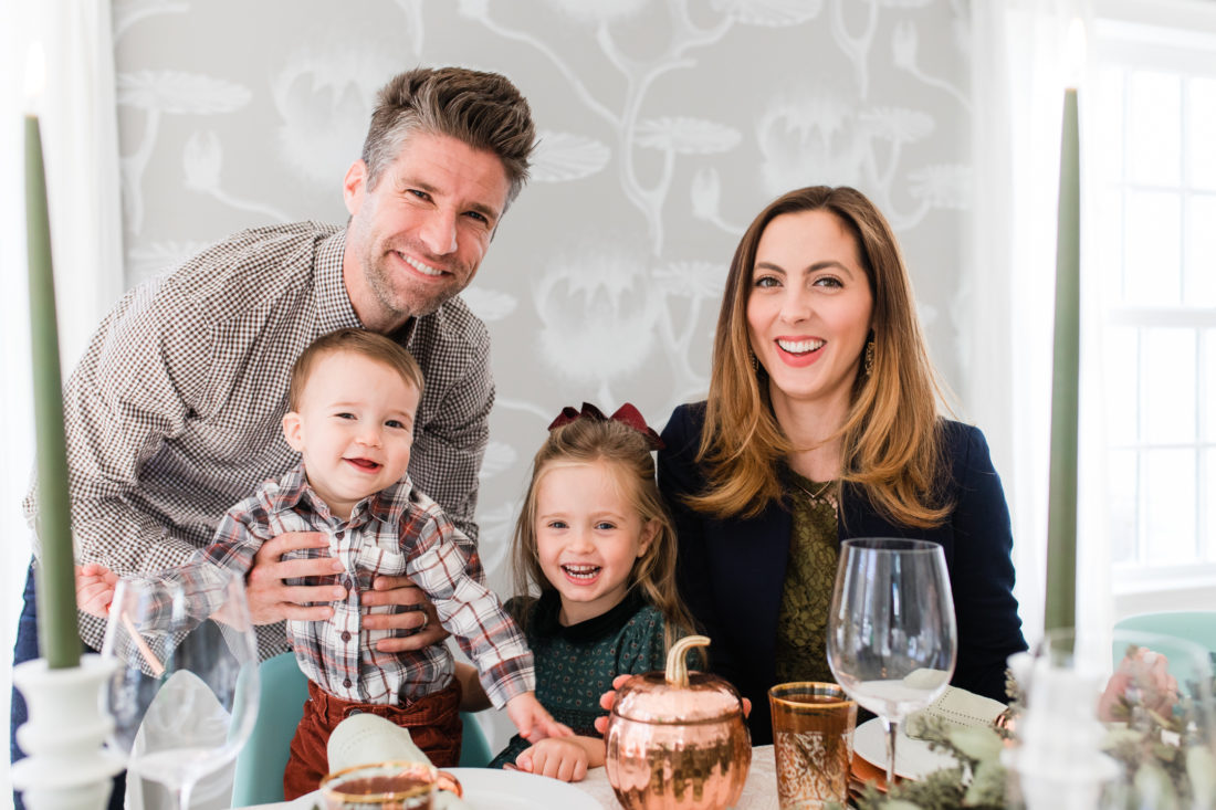 Eva Amurri Martino, Kyle Martino, and their children Major and Marlowe, gather around their copper and green Thanksgiving table to celebrate the holiday