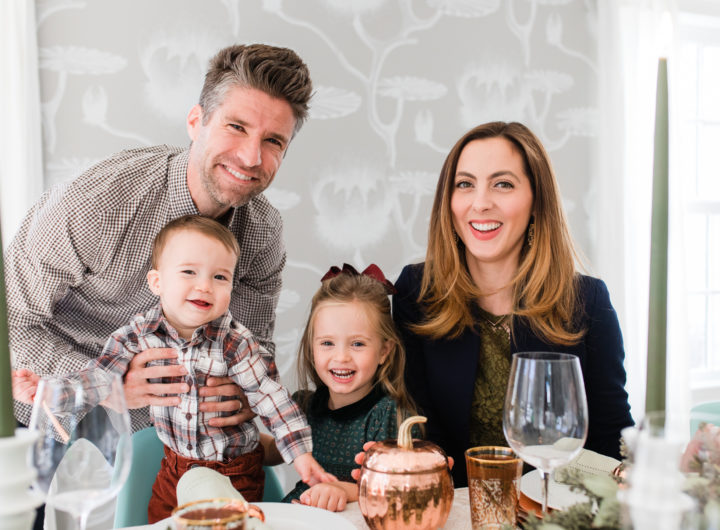 Eva Amurri Martino, Kyle Martino, and their children Major and Marlowe, gather around their copper and green Thanksgiving table to celebrate the holiday