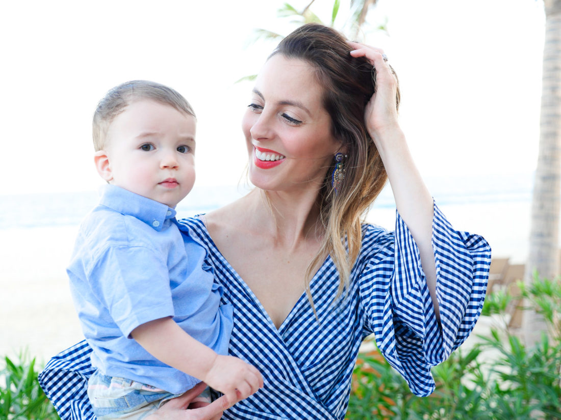 Eva Amurri Martino holds one year old son, Major, on the grounds of the Hyatt Ziva resort in los cabos, Mexico