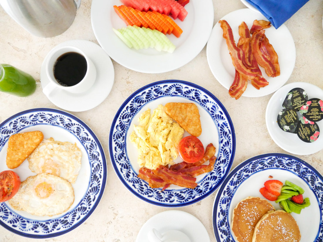 Room service is served on blue and white patterned plates at the Hyatt Ziva resort in Los Cabos, Mexico