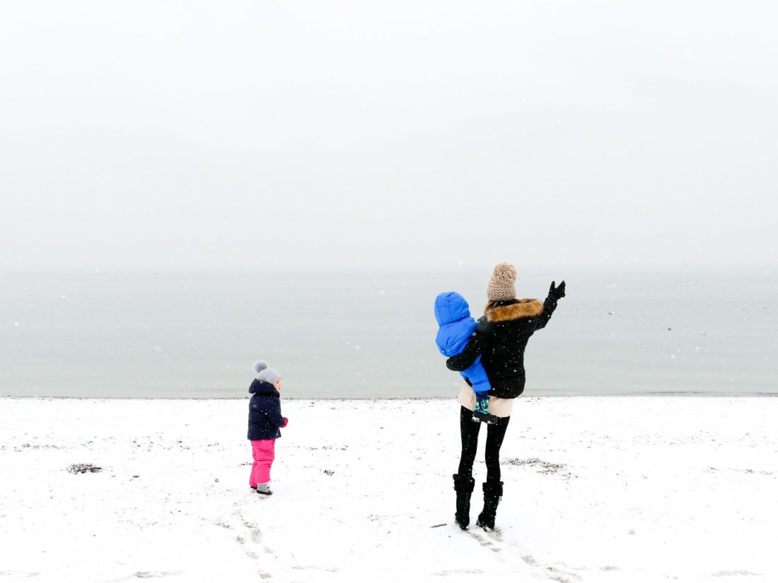 Eva Amurri Martino bundles up with her children Marlowe And Major on the snowy beach in Westport, Connecticut