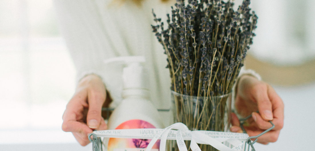 A wire basket filled with Lavender goodies curated by Eva Amurri Martino