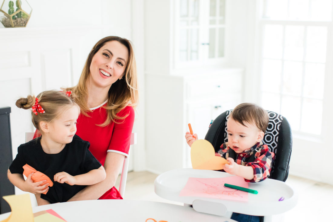 Eva Amurri Martino decorates Valentine's Day cards with her two children, Marlowe and Major, at their kitchen table in Connecticut