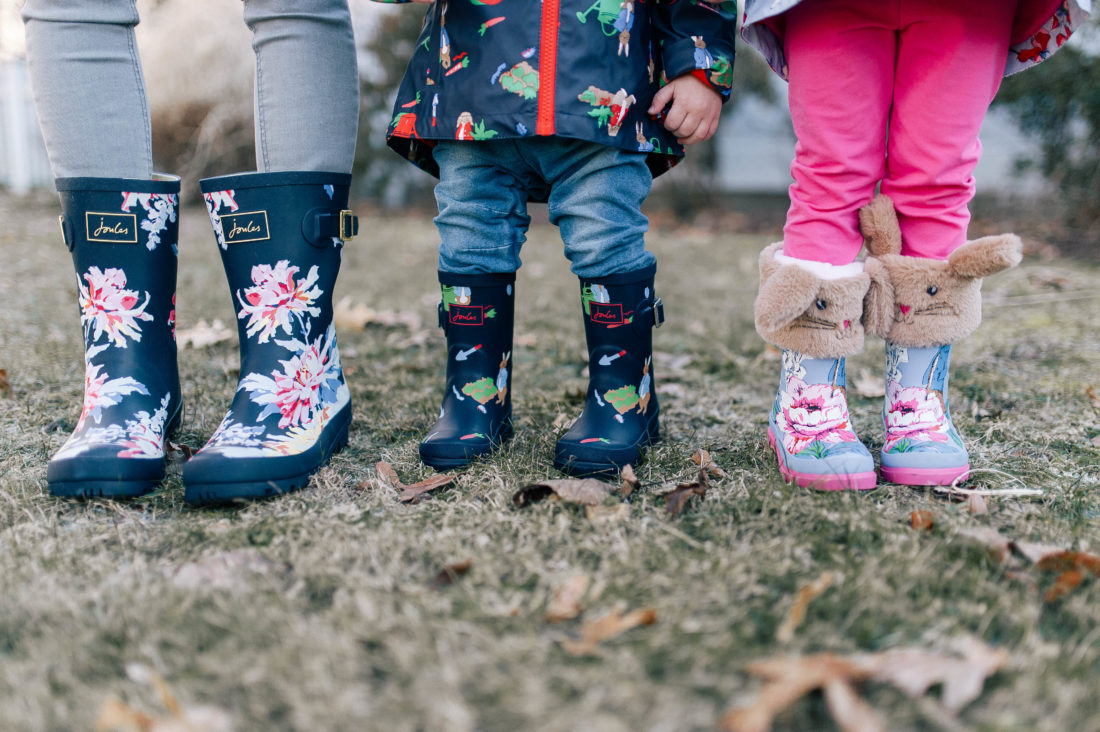 Eva Amurri Martino and her two small children wear patterned rain boots outside their Connecticut home