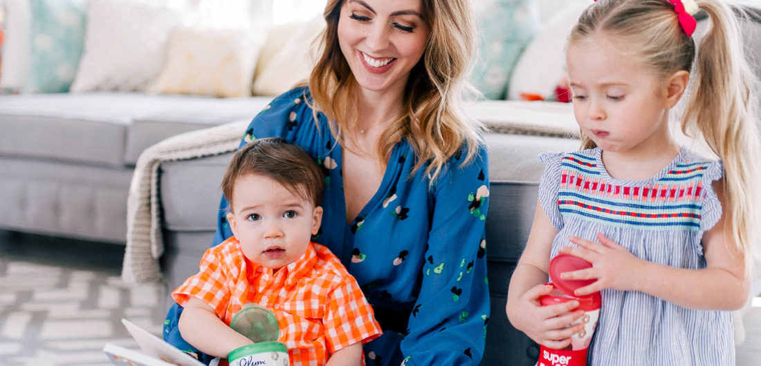 Eva Amurri Martino plays on the floor with her children Marlowe Mae and Major James in their Connecticut home.