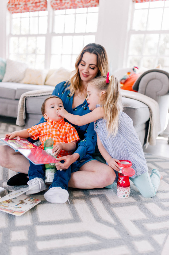 Eva Amurri Martino plays on the floor with her children Marlowe Mae and Major James in their Connecticut home.