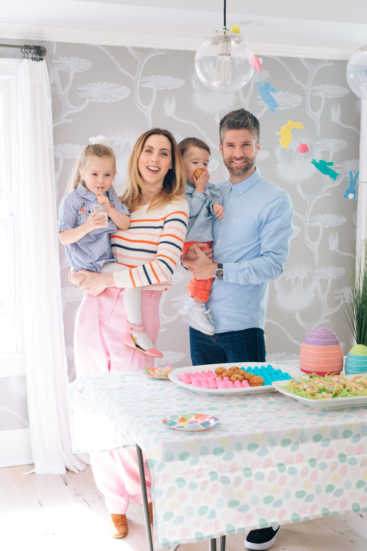 Eva Amurri Martino and husband Kyle Martino pose for an Easter family portrait with their two children Marlow and Major at their annual Easter Egg Hunt at their Connecticut home. 
