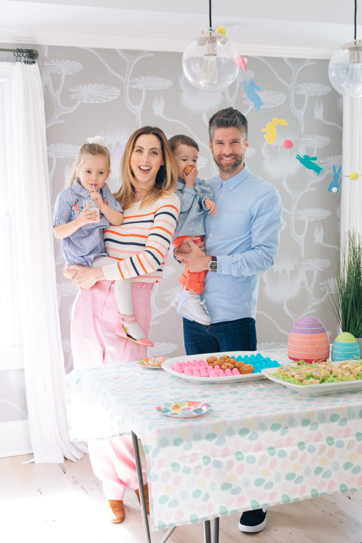 Eva Amurri Martino and husband Kyle Martino pose for an Easter family portrait with their two children Marlow and Major at their Connecticut home. 