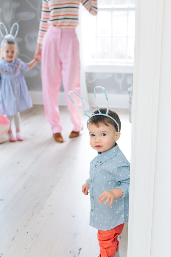 Major Martino wears bunny ears at his family's The Easter decorations at Eva Amurri Martino's annual Easter Egg Hunt at her home in Connecticut