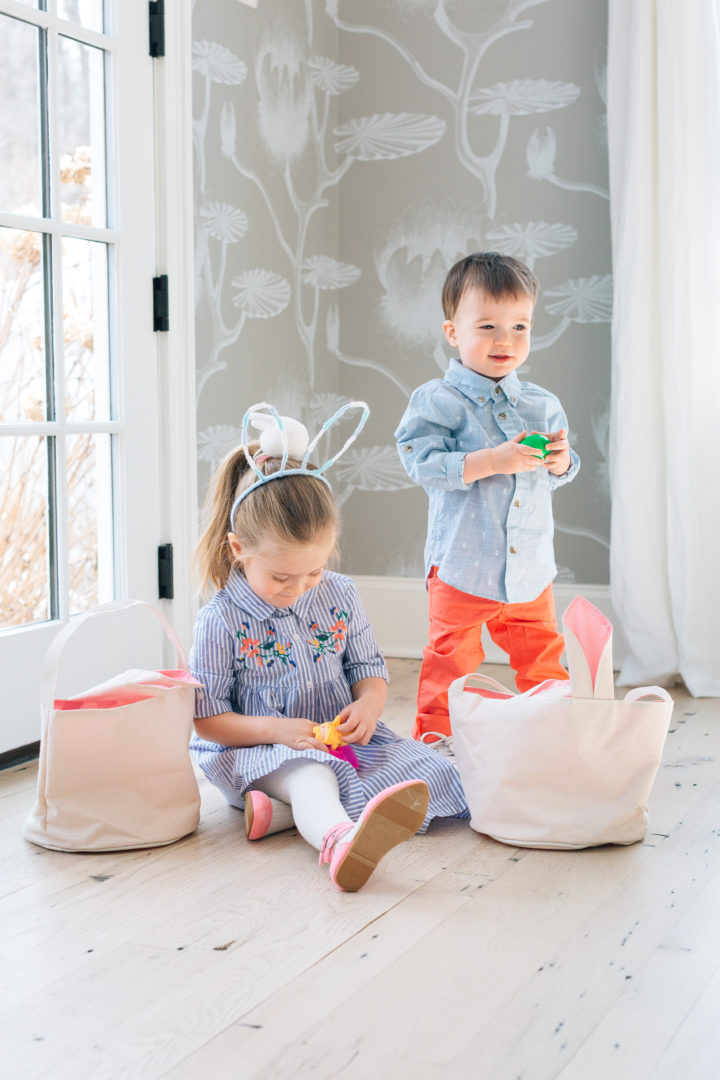 Marlowe and Major Martino opening easter eggs at their family's The Easter decorations at Eva Amurri Martino's annual Easter Egg Hunt at her home in Connecticut