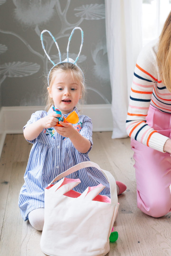 Eva Amurri Martino and daughter Marlowe opening eggs at their annual Easter Egg Hunt at their home in Connecticut