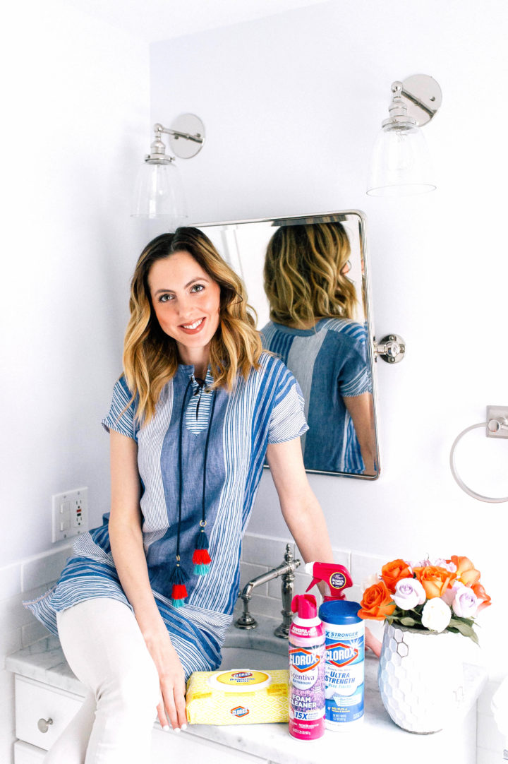 Eva Amurri Martino posing with her favorite Clorox bathroom cleaning products