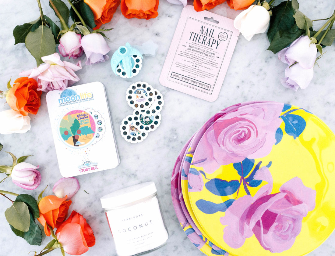 Eva Amurri Martino shares a roundup of products that she is loving for April, including Melamine plates, a nail mask, a storybook projector app, and a bath soak