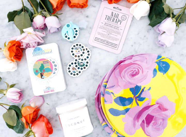 Eva Amurri Martino shares a roundup of products that she is loving for April, including Melamine plates, a nail mask, a storybook projector app, and a bath soak