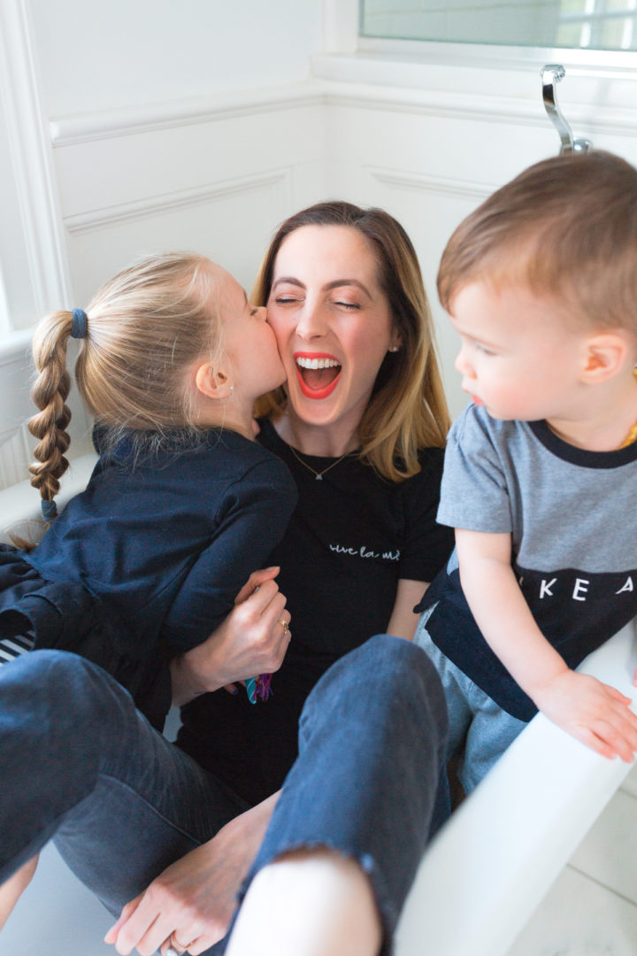 Eva Amurri Martino laughs with her daughter Marlowe and son Major in a bathtub in their house in CT