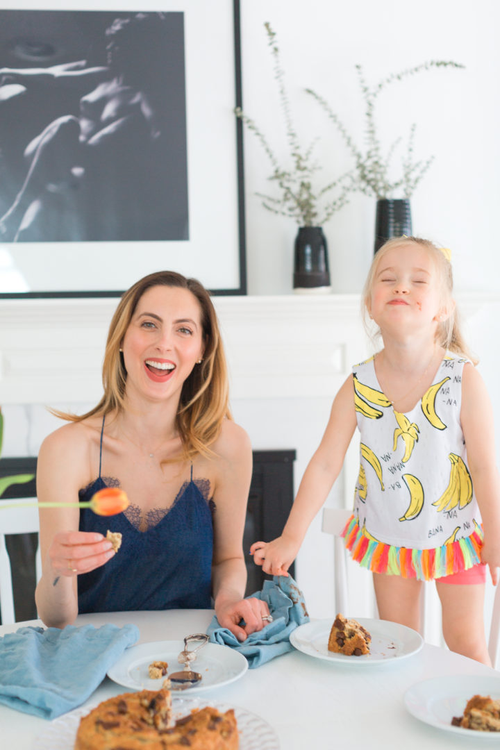 Eva Amurri Martino laughs with daughter Marlowe while eating dairy free banana bread