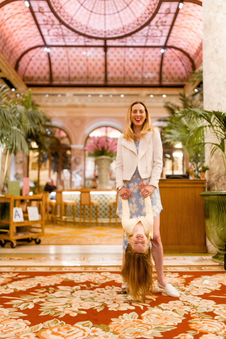 Eva Amurri Martino stands with four year old daughter Marlowe in the lobby of the plaza hotel in new york city