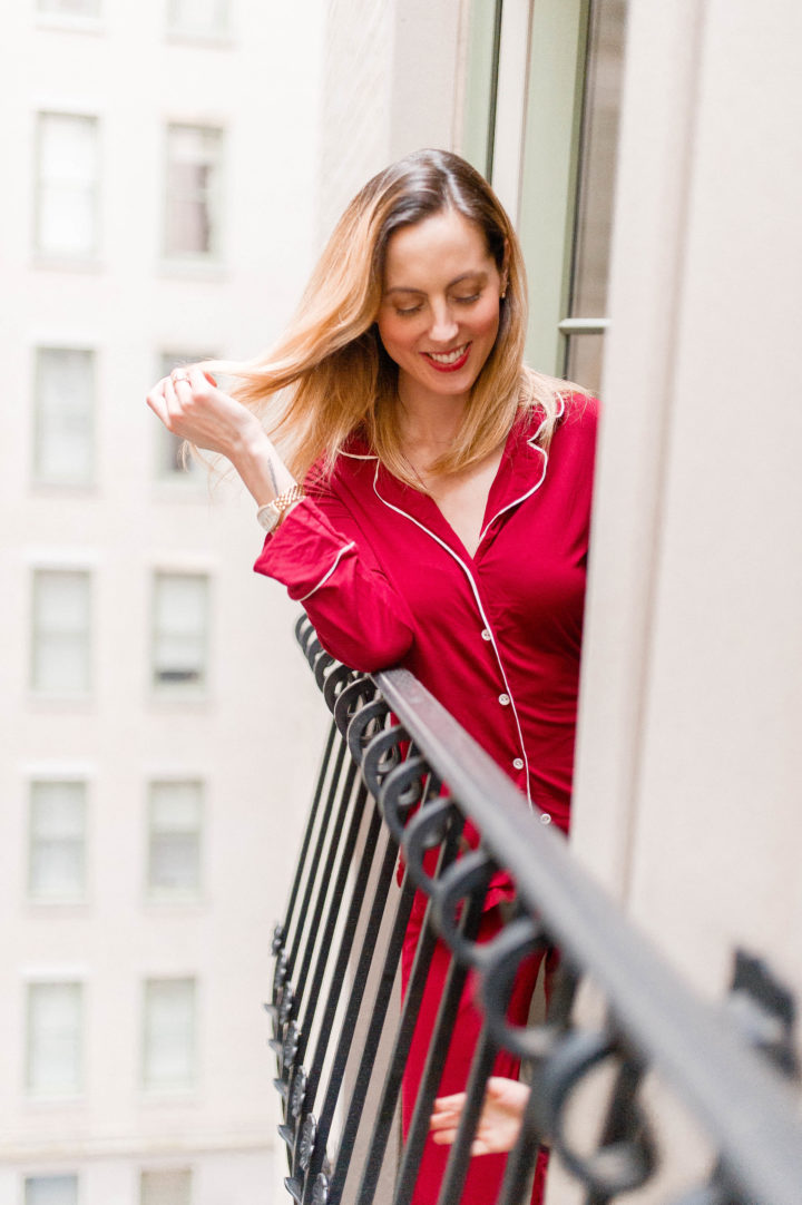 Eva Amurri Martino looks at the window of her room at the Plaza Hotel with her daughter Marlowe