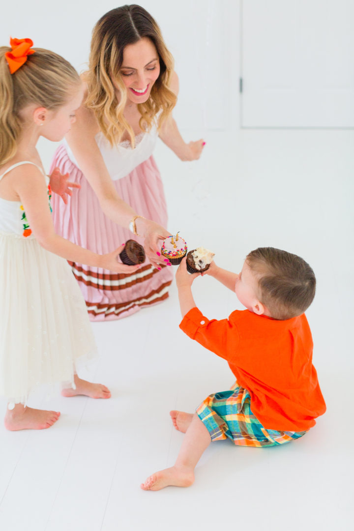 Eva Amurri Martino cheers her kids Marlow and Major with cupcakes to celebrate the 3rd birthday of her blog Happily Eva After