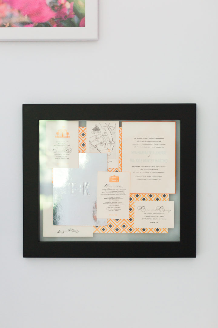 A frame on the wall of Eva Amurri Martino's wedding invitations