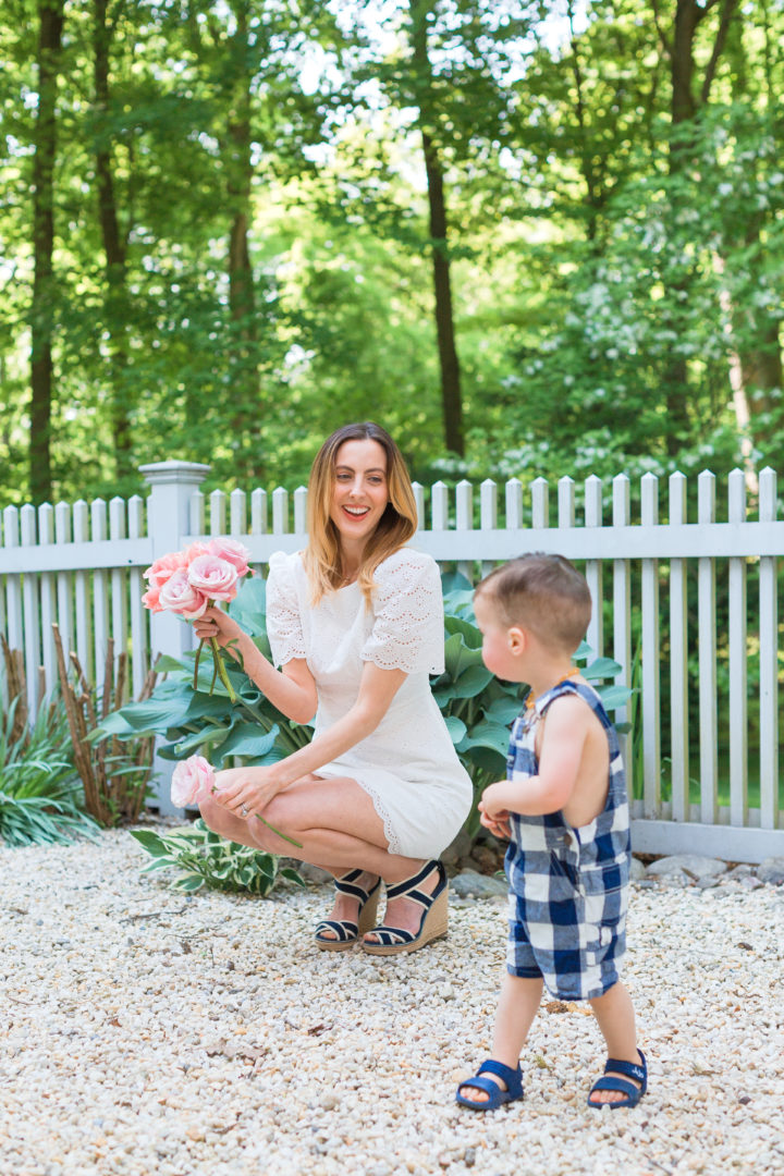 Eva Amurri Martino poses with her son Major in their garden in Connecticut.