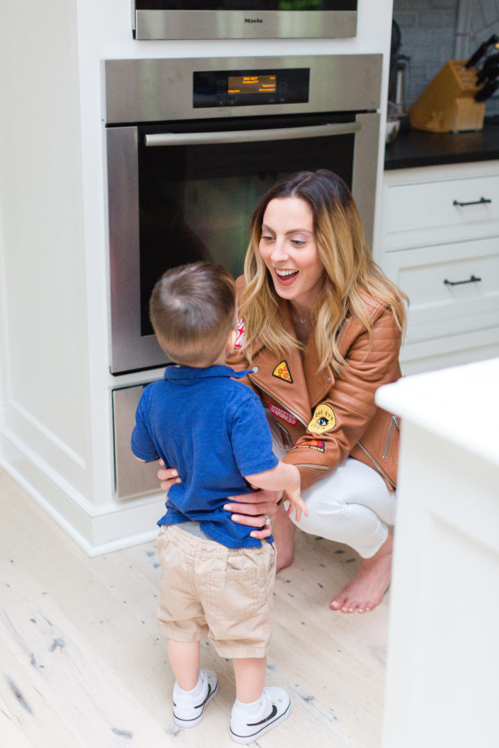 Eva Amurri Martino talking to son Major at their house in Connecticut.