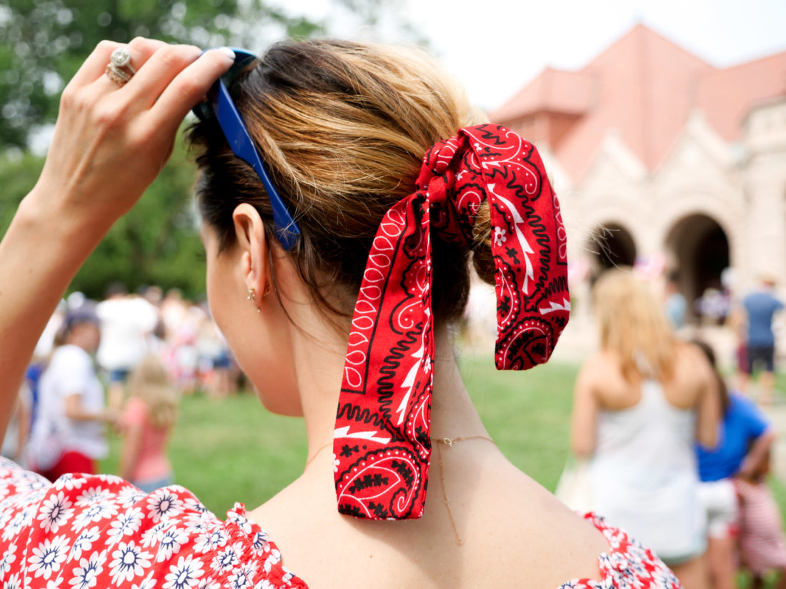 Eva Amurri Martino ties a red bandana around her bun on the fourth of july