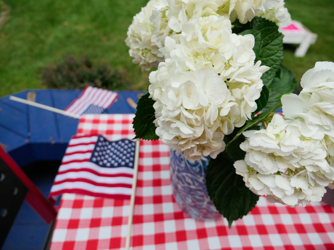 A garden party setup on the fourth of July