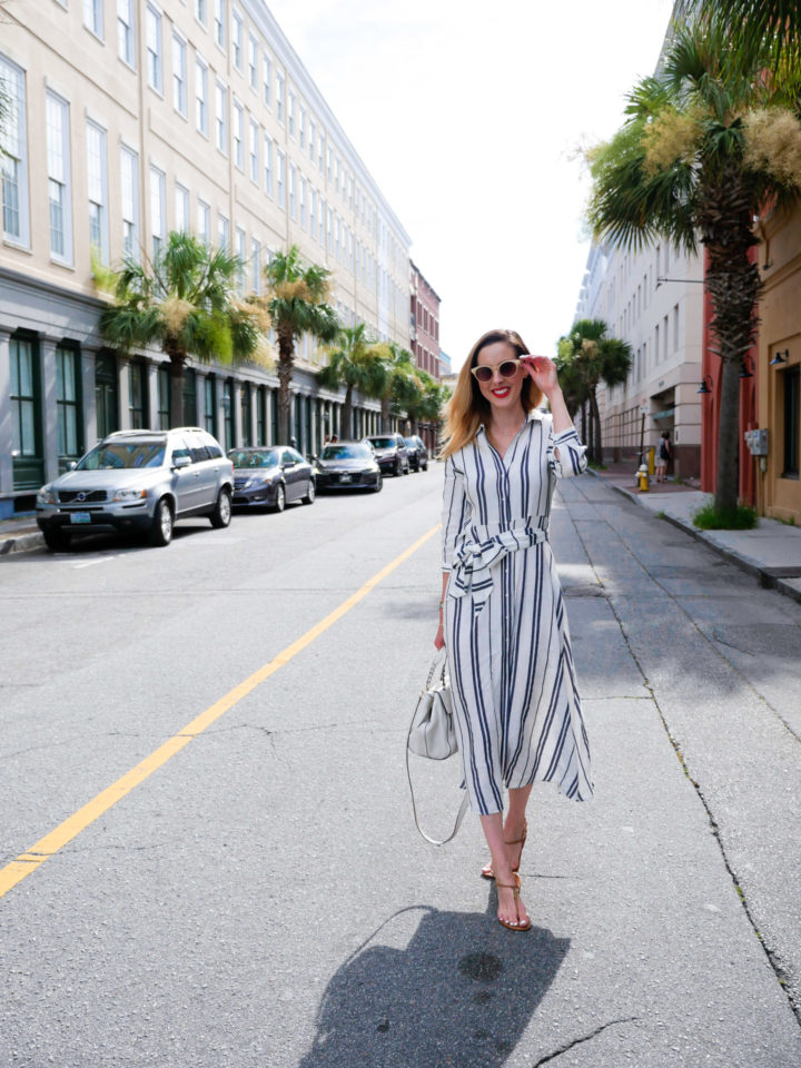 Eva Amurri Martino wears a striped sundress in Charleston