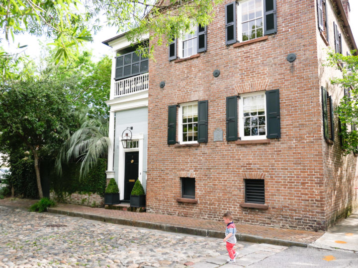 Eva Amurri Martino's son Major walks down a Charleston cobblestone road