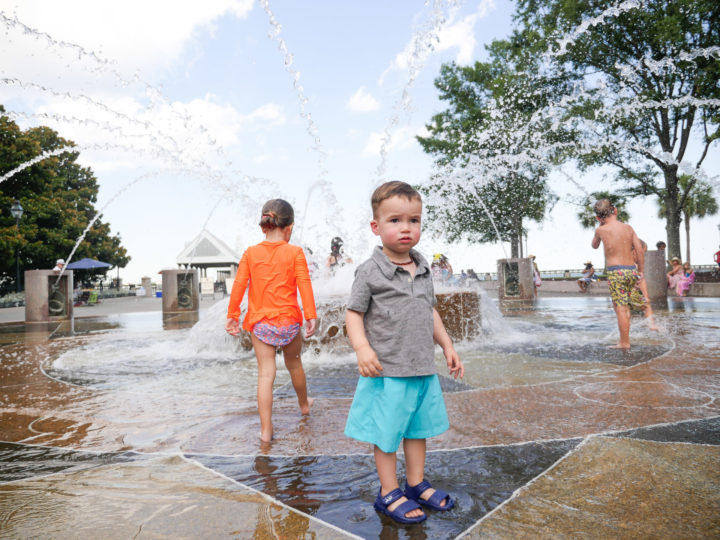 Eva Amurri Martino's daughter Marlowe and son Major running through the sprinklers in Charleston