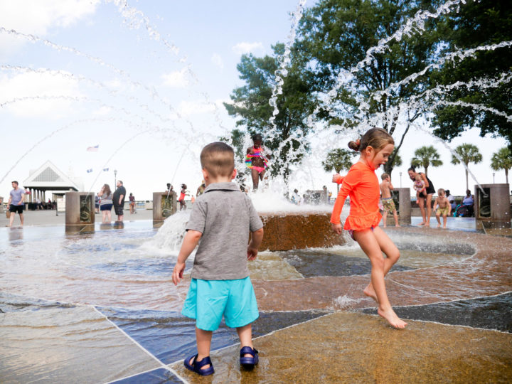 Eva Amurri Martino's daughter Marlowe and son Major running through the sprinklers in Charleston