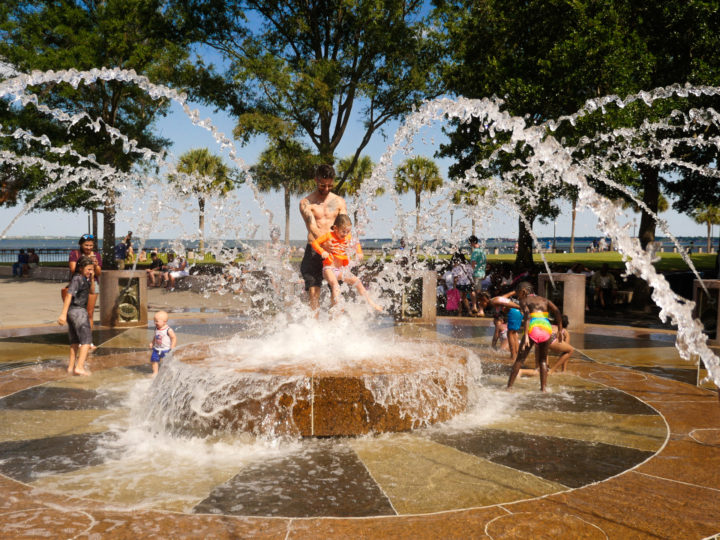 Eva Amurri Martino's daughter Marlowe running through the sprinklers in Charleston