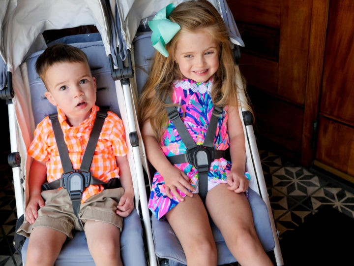 Eva Amurri Martino's kids Marlowe and Major sit in a stroller in Charleston