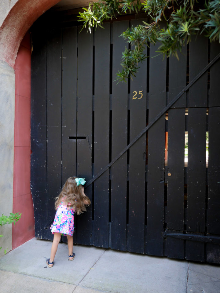 Eva Amurri Martino's daughter Marlowe peers through a slotted gate in Charleston