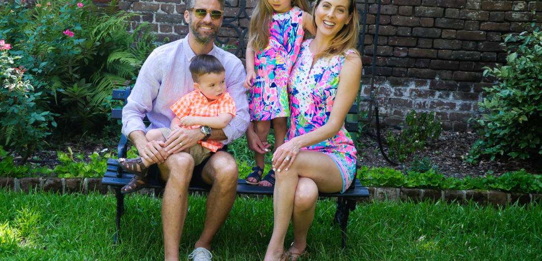 Eva Amurri Martino poses with her husband Kyle and their two kids Marlowe and Major at the site of their 2011 wedding in Charleston