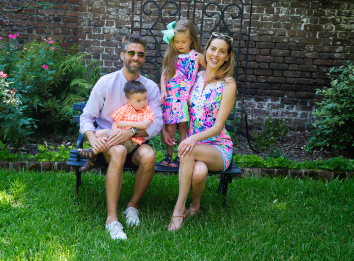 Eva Amurri Martino poses with her husband Kyle and their two kids Marlowe and Major at the site of their 2011 wedding in Charleston