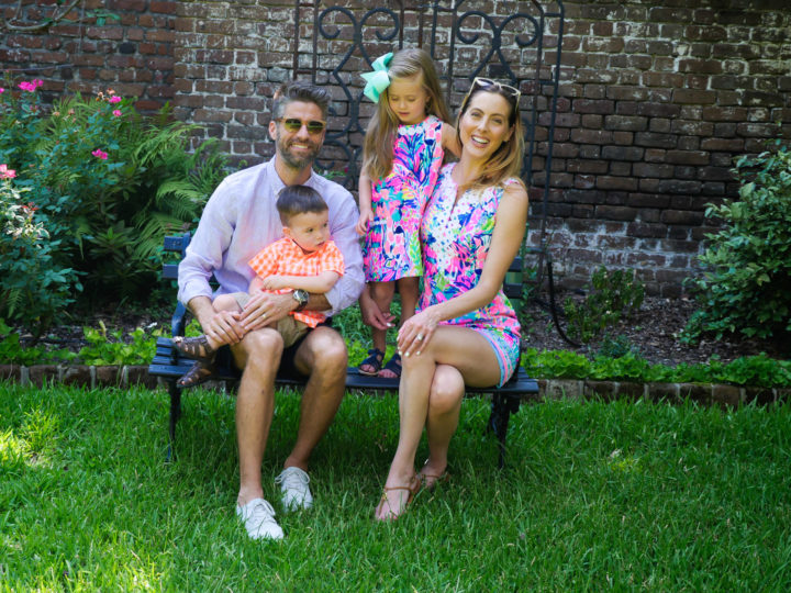 Eva Amurri Martino poses with her husband Kyle and their two kids Marlowe and Major at the site of their 2011 wedding in Charleston 