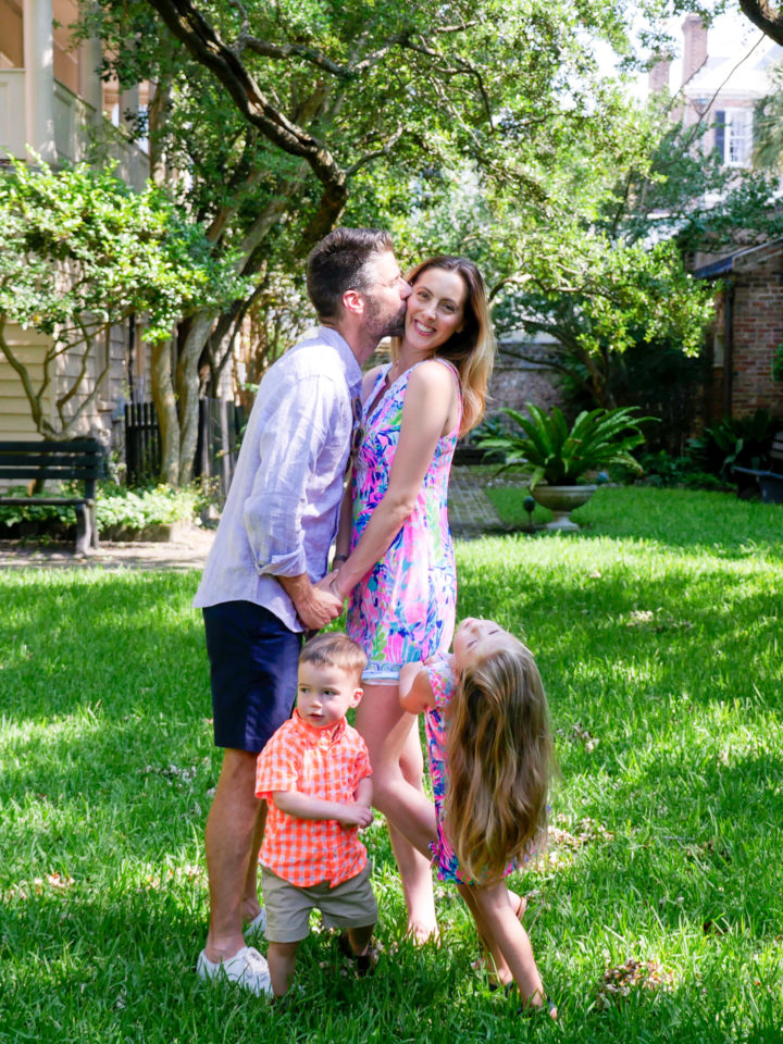 Eva Amurri Martino gets a sweet kiss from her husband Kyle while her daughter Marlowe and son Major look on at the site of their 2011 wedding in Charleston